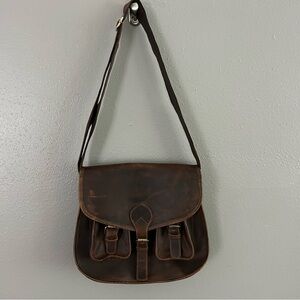 Vintage Brown Leather Satchel Crossbody Messenger Bag Flap Closure Pockets